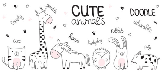Vector cartoon sketch illustration with cute doodle animals