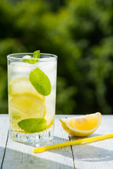 Citrus lemonade in garden setting,summer drink.