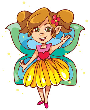 Illustration of happy little cartoon fairy with butterfly wings, on white background.