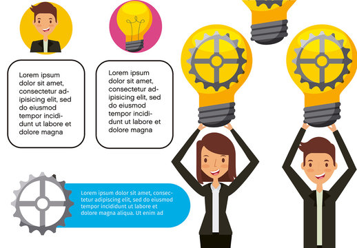 Yellow Pink Business Lightbulb Gear Teamwork Infographic Template
