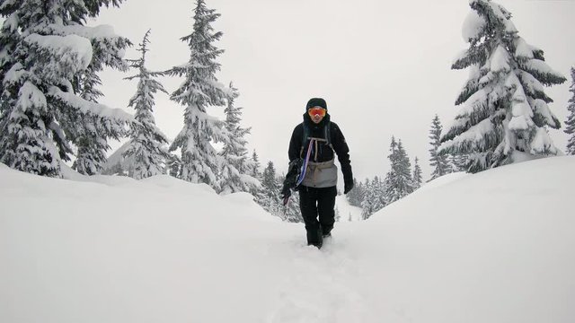 Backcountry Snowboarder Hiking Trail Snow Falling