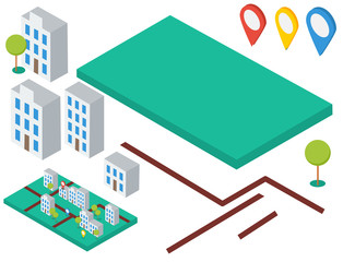 Isometric elements for map. Buildings, trees, gps icons
