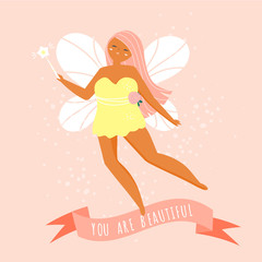 Modern flying fairy and text you are beautiful on ribbon. Female Body positive concept illustration