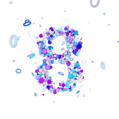 Alphabet number 8. Funny font made of blue balls. 3D render isolated on white background.