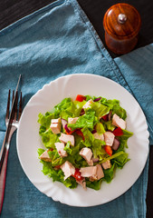 fresh vegetables salad with chicken and onion, lettuce, tomato in white plate on table