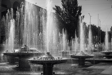Black and white photo of a fountain in Republic of Kyrgyzstan.