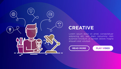Creative concept: creator generates idea, with thin line icons: start up, brief, brainstorming, color palette, creative vision. Modern vector illustration, web page template on gradient background.