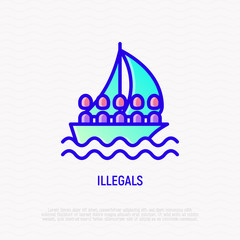 Illegals on boat thin line icon. Modern vector illustration of migration.