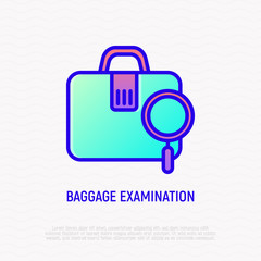 Baggage examination thin line icon. Modern vector illustration of suitcase with magnifier.