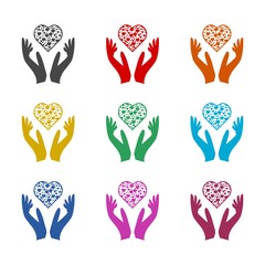 Heart in hands sign icon, Donation icon, color icons set