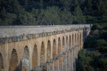 Obraz premium Ancient viaduct bridge from the bottom view in the setting sun