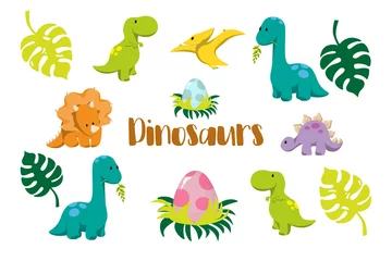 Fotobehang Jongenskamer Dinosauruspictogrammen in vlakke stijl voor het ontwerpen van dino-feest, kindervakantie, dinosaurus-gerelateerde materialen