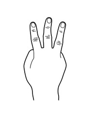 Number 3 or Three Hand Sign, Line Art Style Illustration
