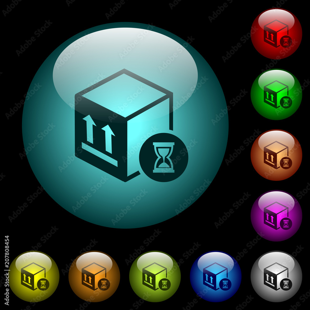 Poster package delivery in progress icons in color illuminated glass buttons