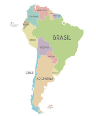 Political South America Map vector illustration isolated on white background with country names in spanish. Editable and clearly labeled layers.