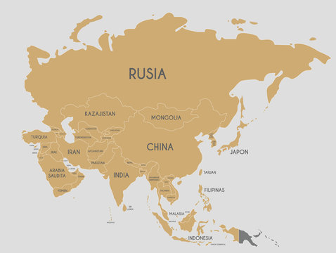 Asia Countries Map Labeled Political Asia Map Vector Illustration With Country Names In Spanish.  Editable And Clearly Labeled Layers. Stock Vector | Adobe Stock