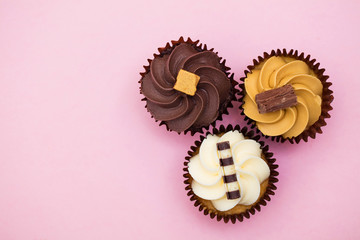 Cupcakes decorated with chocolate,caramel and vanilla icing