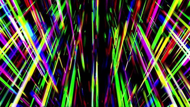 Crossing abstract multicolored beams on black background. 3D animation, seamless loop.