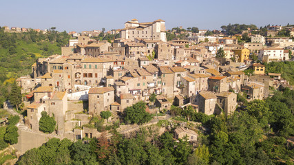 Fototapeta na wymiar Aerial view of the village of Castelnuovo di Porto, near Rome, in Italy. The village is built perched on a hill and overlooks a green valley full of trees. At the top there is the medieval castle.