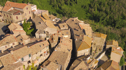 Fototapeta premium Aerial view of red tiled roofs of old village houses. The village overlooks a green valley with trees and plants. The houses are ancient and the whole city is in medieval style.