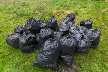 Black plastic garbage bags in the park, spring cleaning. Leaves and garbage in the bags.