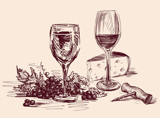 Sketch of wine glasses, grape,cheese and corkscrew