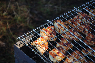 Chicken meat is grilled on the nature.

