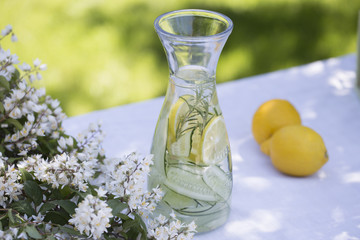 Detox water, fresh lemonade with ice, lemon, cucumber and rosemary