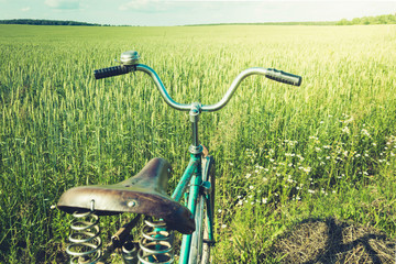 Fototapeta na wymiar Vintage handlebar with bell on bicycle. Summer day for trip. View of wheat field. Outdoor. Closeup.