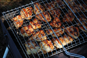 Chicken meat is grilled on the nature.
