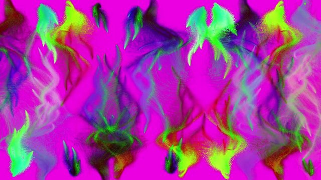 Multiple colorful iridescent particle streams flashes on magenta background, 3D animation, seamless loop.