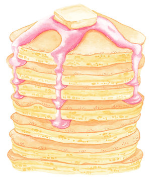 Watercolor delicious pancakes with piece of butter and pink cream isolated on white background
