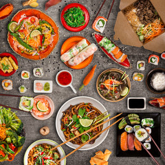 Various of asian meals on rustic background , top view , place for text.