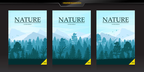 Nature Cover Design Template in A4. Flat Design. Mountains And Landscapes. Background, Banner,Poster,Catalog,Book,Card. 