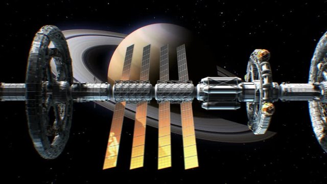Side view of a giant sci-fi interplanetary spaceship flying on Saturn background, 3d animation. Texture of Planet was created in graphic editor without photos.