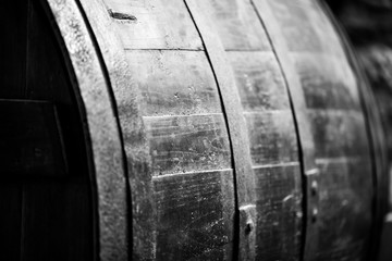Old wine barrels in black and white