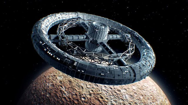 Circular space station. Giant sci-fi torus rotate on Mercury background, 3d animation. Texture of the Planet was created in the graphic editor without photos and other images.