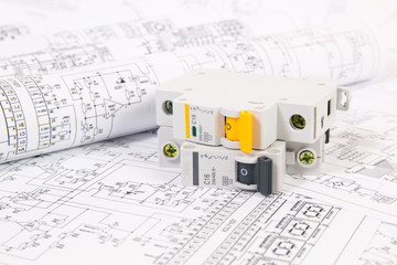 Electrical engineering drawings and modular circuit breaker. Electrical network protection and switching.