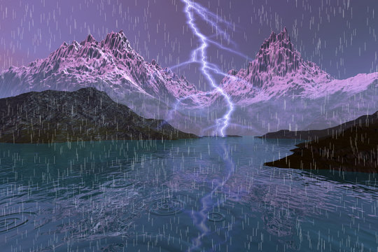 Storm, an autumn landscape, rain and a big lightning over the lake, rocks and snowy mountains in the background.