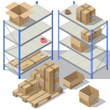 Vector 3d isometric storage of post service. Set of cardboard packaging, mail with adhesive tapes for delivery. Packages, shelves isolated on white background. Pasteboard boxes on wooden pallet