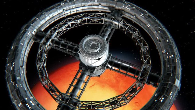 Giant sci-fi torus. Circular space station rotate on Mars background, 3d animation. Texture of red Planet was created in the graphic editor without photos and other images.