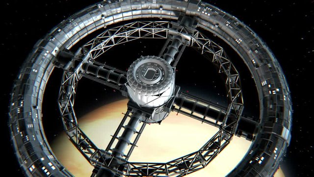 Giant sci-fi torus. Circular space station rotate on Venus background, 3d animation. Texture of the Planet was created in the graphic editor without photos and other images.