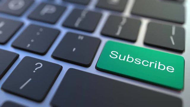 UNSUBSCRIBE key turning over to SUBSCRIBE button on the keyboard. Conceptual 3D animation