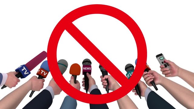 Eager reporters with microphones in their hands in prohibition sign, 3D animation.