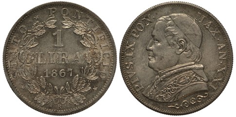 Vatican City silver coin 1 one lira 1867, denomination within wreath with olive and oak leaves, bust of pope Pius XI left,