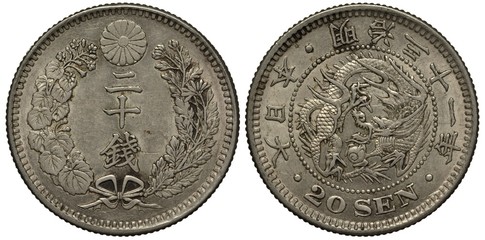 Japan Japanese silver coin 20 twenty sen 1898, denomination flanked by floral branches, chrysanthemum flower on top, dragon guarding pearl in circle of beads, hieroglyphs,  © Yaroslav