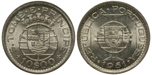 Portugal Sao Tome and Principe silver coin 10 ten escudo 1951, denomination in center, local arms,...