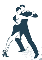 Couple dancing tango drawn sketch by line isolated on white background and ink spots