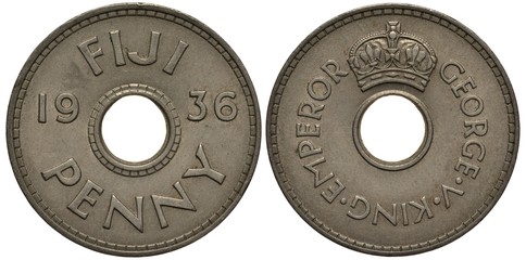 British Fiji Fijian coin 1 one penny 1936, center hole divides date, denomination below, King...