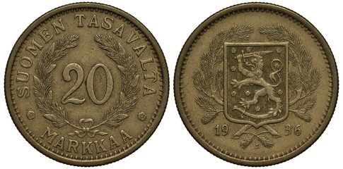 Finland Finnish Suomi coin 20 twenty marka 1936, face value flanked by spruce branches with cones, lion with sword on shield in front of spruce branches,